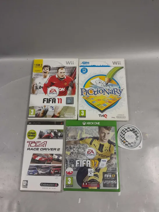 10 X ASSORTED VIDEOS GAMES TO INCLUDE TOCA RACE DRIVER 2, FIFA 17, PICTIONARY ETC 