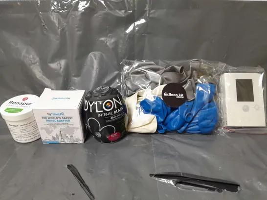 BOX OF APPROXIMATELY 14 ASSORTED ITEMS TO INCLUDE - BALLOON KIT BALLOONS , DYLON INTENSE BLACK ALL IN 1 , THW WORLDS SAFEST TRAVEL ADAPTOR ETC