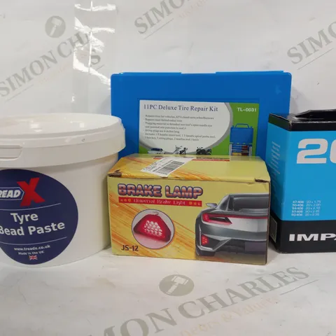 BOX OF APPROXIMATELY 10 ASSORTED CAR AND VEHICLE PARTS AND ACCESSORIES TO INCLUDE TREAD X TYRE BEAD PASTE, BRAKE LAMP, 11PC DELUXE TIRE REPAIR KIT, ETC