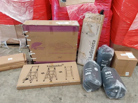 PALLET OF ASSORTED ITEMS INCLUDING: 100KG PLASTIC WATER TANK, STEP LADDER, BLUEVER SLEEPING BAGS, DUMBELL SET, HAND CLAMPS