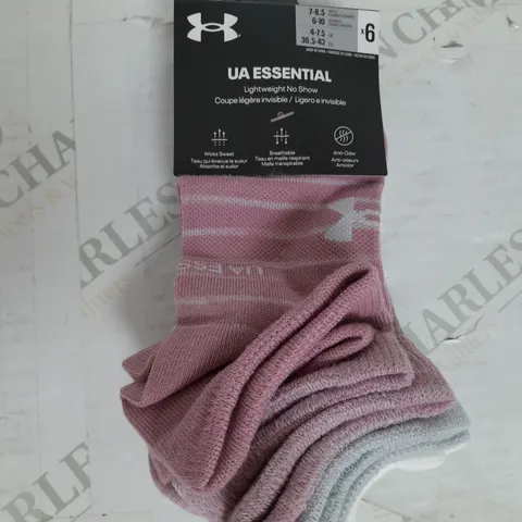 UNDER ARMOUR ESSENTIAL LIGHTWEIGHT NO SHOW SOCKS 6 PACK IN PINK GREY AND WHITE SIZE M