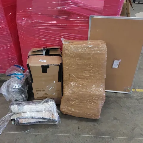 PALLET OF ASSORTED ITEMS INCLUDING: COFFEE MACHINE, MEMORY FOAM MATTRESS TOPPER AND CUSHION, RUG, NOTICE BOARDS