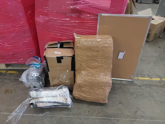 PALLET OF ASSORTED ITEMS INCLUDING: COFFEE MACHINE, MEMORY FOAM MATTRESS TOPPER AND CUSHION, RUG, NOTICE BOARDS