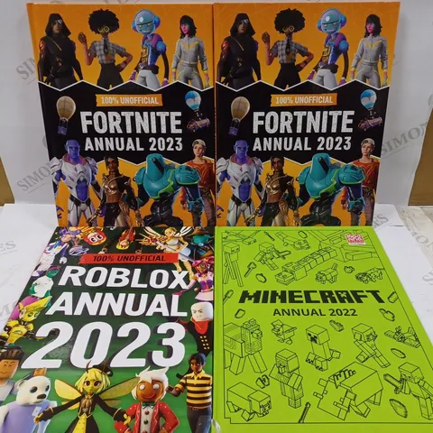 LOT OF 4 GAMING ANNUAL BOOKS TO INCLUDE 2 100% UNOFFICIAL FORTNITE ANNUAL 2023, 100% UNOFFICIAL ROBLOX ANNUAL 2023, MINECRAFT ANNUAL 2022