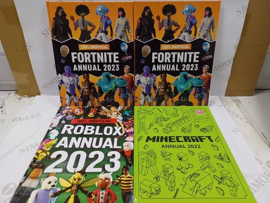 LOT OF 4 GAMING ANNUAL BOOKS TO INCLUDE 2 100% UNOFFICIAL FORTNITE ANNUAL 2023, 100% UNOFFICIAL ROBLOX ANNUAL 2023, MINECRAFT ANNUAL 2022