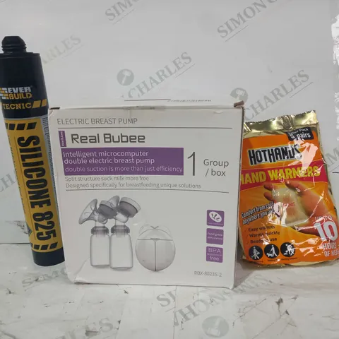 BOX OF APPROXIMATELY 15 ASSORTED HOUSEHOLD ITEMS TO INCLUDE HOTHANDS HAND WARMERS, REAL BUBEE DOUBLE ELECTRIC BREAST PUMP, EVER BUILD SILICONE 825, ETC