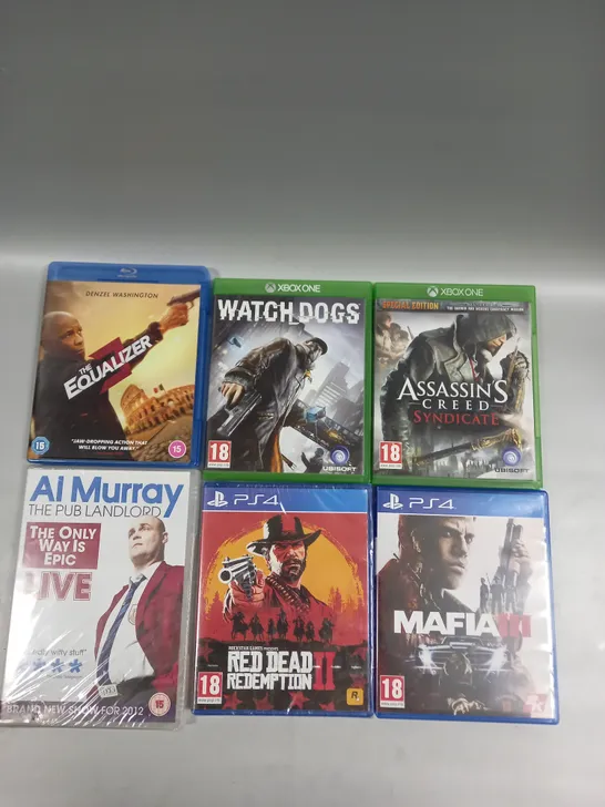 APPROXIMATELY 20 ASSORTED DVDS/VIDEO GAMES TO INCLUDE WATCH DOGS, THE EQUALIZER 3, MAFIA III ETC