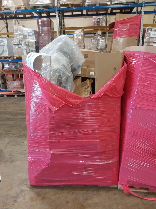 PALLET OF ASSORTED HOUSEHOLD ITEMS AND CONSUMER PRODUCTS TO INCLUDE; TOILET SEAT, BOXED FURNITURE ETC 