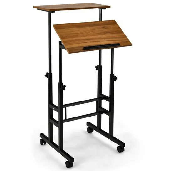 BOXED COSTWAY 2 TIER ADJUSTABLE STANDING DESK ON WHEELS - WALNUT (1 BOX)