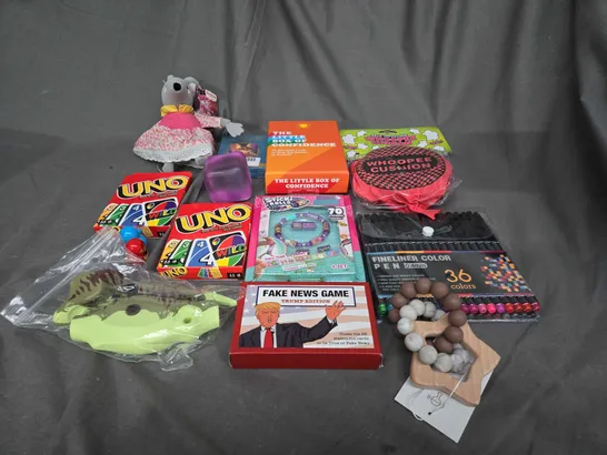 LOT OF ASSORTED TOYS AND GAMES TO INCLUDE WHOOPEE CUSHION, FINELINER COLOR PENS AND UNO CARDS