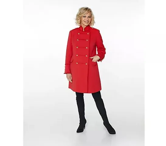 JM FASHION BY JULIEN MACDONALD MIDI LENGTH DRUMMER COAT- RED SIZE 14