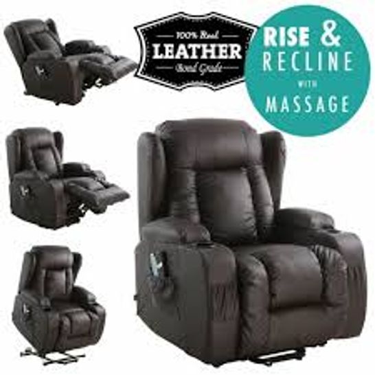 BOXED DESIGNER CAESAR BROWN LEATHER RISE & RECLINING EASY CHAIR (2 BOXES)
