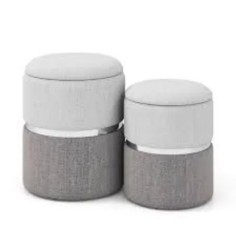 BOXED MODERN ROUND LINEN FABRIC STORAGE OTTOMAN SET OF 2 - GREY