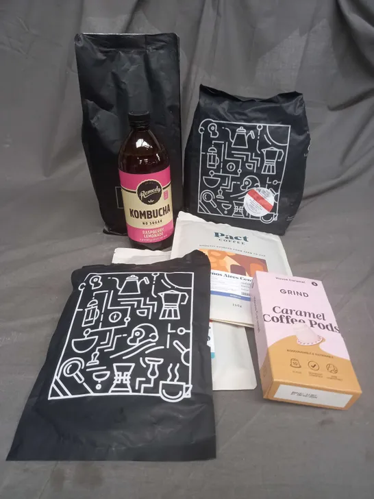 APPROXIMATELY 6 ASSORTED FOOD ITEMS TO INCLUDE - GRIND CARAMEL PODS - KOMBUCHA RASPBERRY LEMONADE - TWO CHIMPS GROUND COFFEE - COLLECTION ONLY