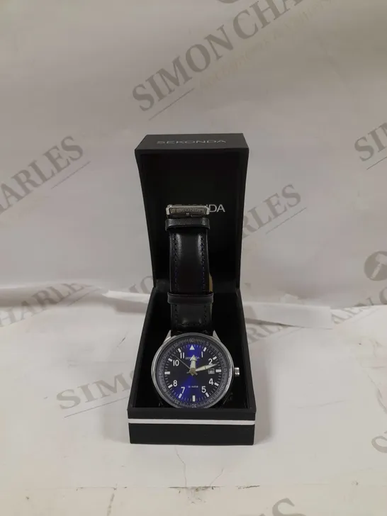 SEKONDA MENS BLACK LEATHER STRAP BLUE DIAL ANALOGUE WATCH