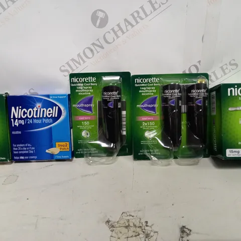 BOX OF APPROX. 15 ASSORTED NICOTINE ITEMS TO INCLUDE - NICORETTE INHALATOR - NITOTINELL STEP 2 PATCH - NICORETTE INVISIPATCH ETC