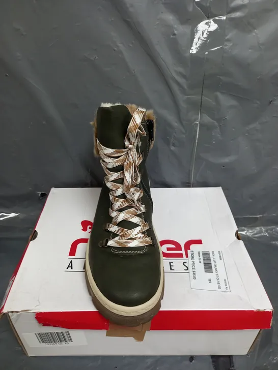 BOXED PAIR OF REIKER LACE UP CHUNKY BOOTS SIZE 5