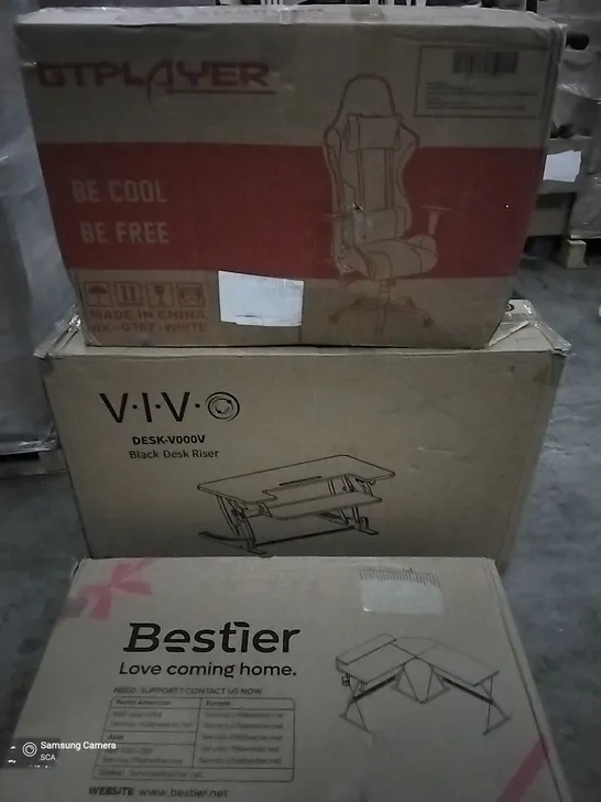 PALLET OF ASSORTED BOXED ITEMS INCLUDING GT PLAYER GAMING CHAIR , VIVO BLACK RISING DESK AND BESTIER CORNER TABLE