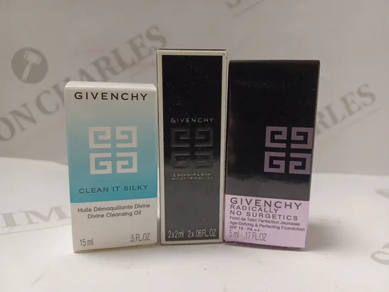 BOX OF APPROX 15 ASSORTED GIVENCHY PRODUCTS TO INCLUDE CLEAN IS SILKY CLEANSING OIL, RADICALLY NO SURGETICS PERFECTING FOUNDATION #2 RADIANT OPAL, LE SOIN NOIR BLANC DAY OIL 