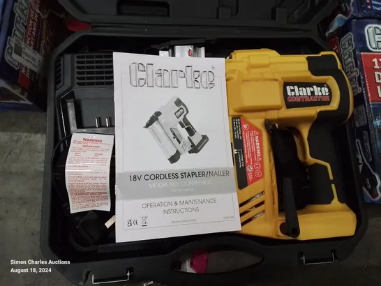 BOXED CLARKE 18V CORDLESS NAILER/STAPLER WITH BATTERY AND CHARGER