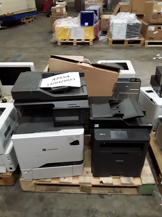 PALLET OF ASSORTED OFFICE EQUIPMENT INCLUDING PRINTERS, DESKTOP & ROUTERS