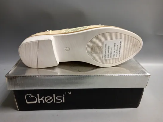 BOXED KELSI LADIES FLAT BEIGE BROGUES WITH LACE AND DIAMANTE DETAIL. SIZE 4