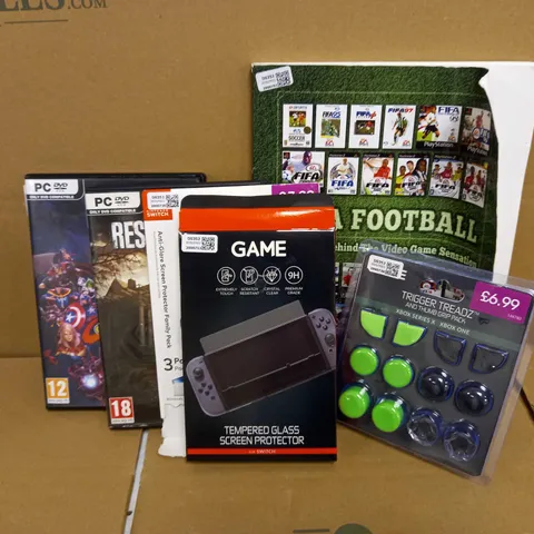 LOT OF 6 ITEMS INCLUDING 2 PC GAMES, TEMPERED GLASS FOR NINTENDO SWITCH, FIFA FOOTBALL BOOK, TRIGGER TREADZ FOR XBOX CONTROLLERS
