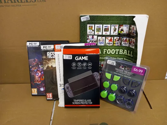 LOT OF 6 ITEMS INCLUDING 2 PC GAMES, TEMPERED GLASS FOR NINTENDO SWITCH, FIFA FOOTBALL BOOK, TRIGGER TREADZ FOR XBOX CONTROLLERS