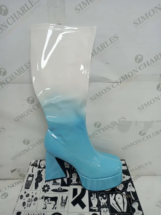 BOXED PAIR OF KOI FOOTWEAR BUBBLEGUM BURST HEELED LONG BOOTS IN BLUE OMBRE PATENT - SIZE 6