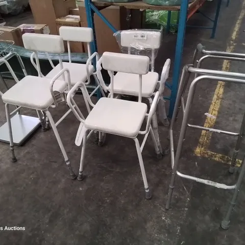 ASSORTED MOBILITY AIDS, INCLUDING, 4 × HEIGHT ADJUSTABLE SEATS, 2 × WALKING FRAMES & METAL WASTE BIN STAND