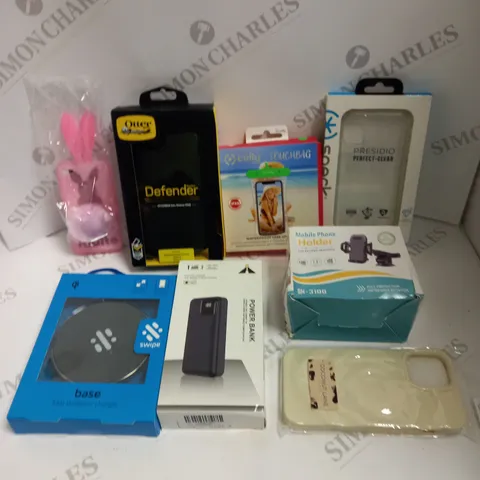 BOX TO CONTAIN APPROX. 20 X ASSORTED PHONE ACCESSORIES. INCLUDES POWER BANKS, PHONE CASES. CHARGERS, PROTECTORS ETC 