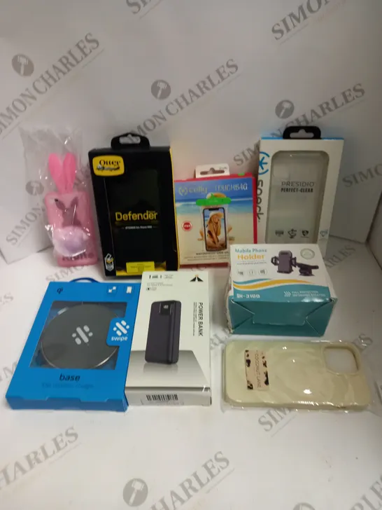 BOX TO CONTAIN APPROX. 20 X ASSORTED PHONE ACCESSORIES. INCLUDES POWER BANKS, PHONE CASES. CHARGERS, PROTECTORS ETC 