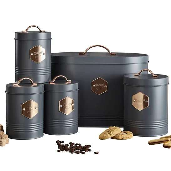 BOXED NEO EMBOSSED 5 PIECE KITCHEN CANISTER SET - GREY/COPPER (1 BOX)