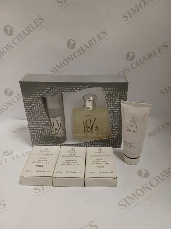 BOX OF 5 HEALTH & BEAUTY PRODUCTS TO INCLUDE ALPHAH AGE DELAY HAND CREAM, COLLISTAR MOISTURISERS, VOY FUN EAU DE TOILETTE GIFT SET  