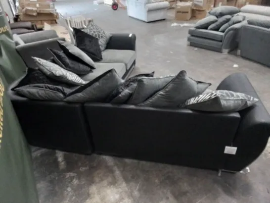 DESIGNER GREY AND BLACK FABRIC LARGE CORNER SOFA WITH SCATTER BACK CUSHIONS 