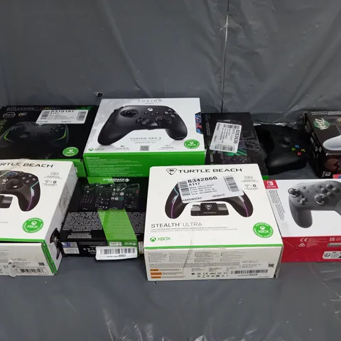 BOX OF APPROXIMATELY 10 ASSORTED GAME CONTROLLERS TO INCLUDE XBOX, TURTLE BEACH AND NINTENDO