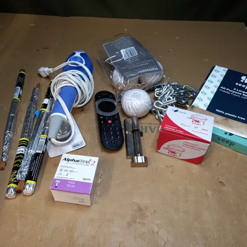 LOT OF APPROXIMATEY 12 ITEMS TO INCLUDE SKY REMOTE, TWINBIRD STEAMER, SILVERLINE STEEL WIRE CUP BRUSH, ETC