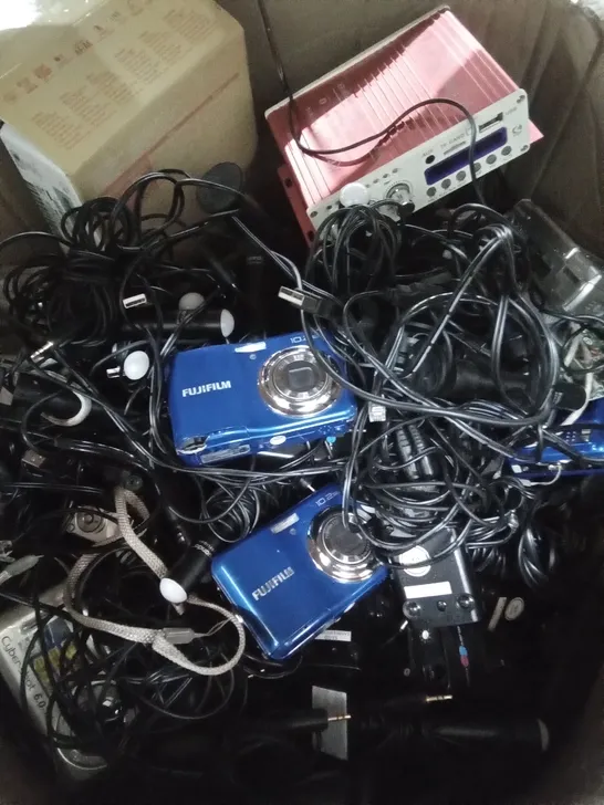 BOX OF ELECTRONICS INCLUDING CAMERAS, POWER AMPLIFIER AND CABLES  