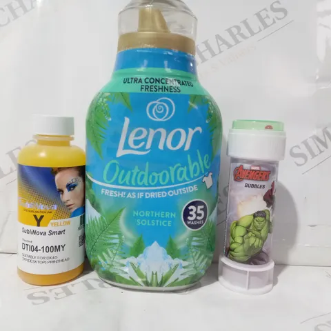 APPROXIMATELY 10 ASSORTED HOUSEHOLD ITEMS TO INCLUDE AVENGERS BUBBLES, LENOR FABRIC CONDITIONER, SUBLINOVA DYE SUBLIMATION INK, ETC