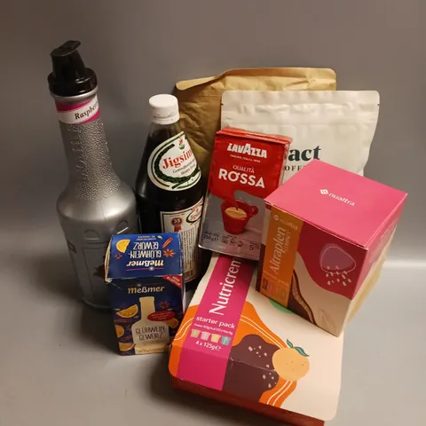 BOX OF APPROX 12 ASSORTED FOOD ITEMS TO INCLUDE - LE FRUIT DE MONIN RASBERRY FRAMBOISE - PACT COFFEE BEANS - NUALTRY SUPPLEMENT DRINKS ETC