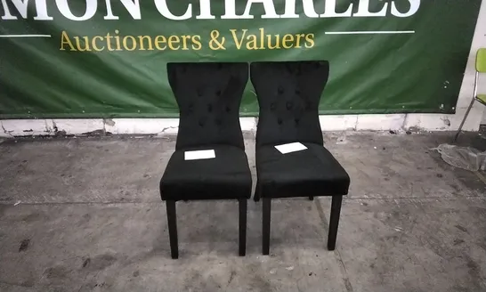 PAIR OF KENSINGTON BLACK VELVET BUTTON BACK DINING CHAIRS WITH BLACK LEGS