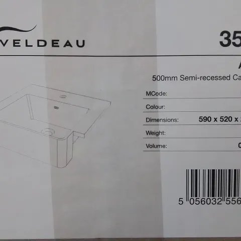 BRAND NEW BOXED VELDEAU 500MM SEMI-RECESSED CAST BASIN- WHITE 