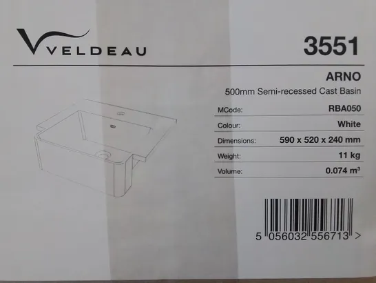 BRAND NEW BOXED VELDEAU 500MM SEMI-RECESSED CAST BASIN- WHITE 