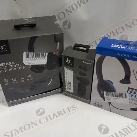 APPROXIMATELY 35 ASSORTED HEADPHONES AND HEADSETS TO INCLUDE TURTLE BEACH RECON CHAT, KITSOUND FUNK25 EARBUDS, KITSOUND METRO X BLUETOOTH HEADPHONES, ETC