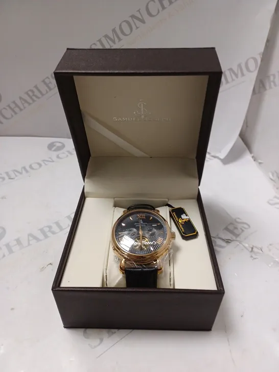 BOXED SAMUEL JOSEPH AUTOMATIC ROSE BLACK WATCH WITH LEATHER STRAP