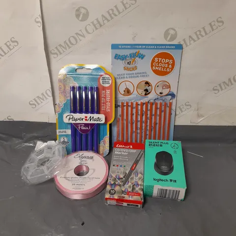 BOX OF APPROXIMATELY 15 ASSORTED ITEMS TO INCLUDE - MARKERS, WIRELESS MOUSE, PINK RIBBON