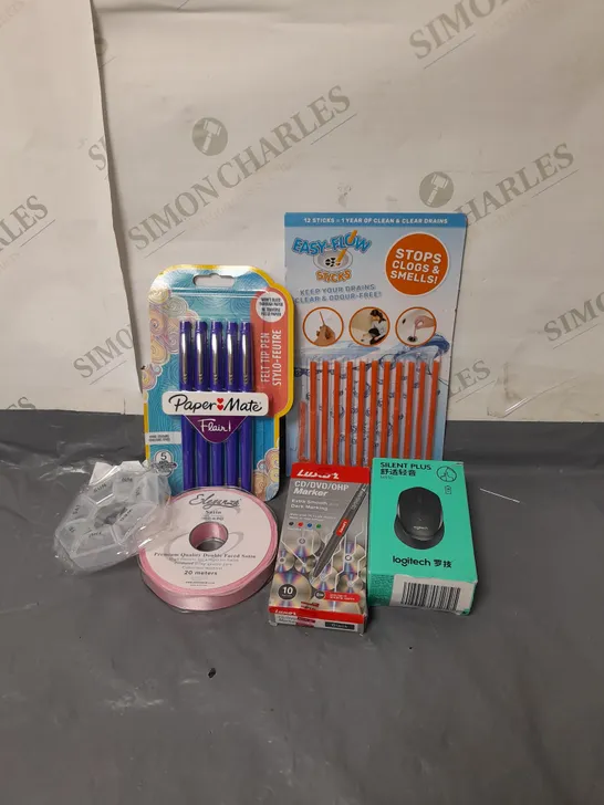 BOX OF APPROXIMATELY 15 ASSORTED ITEMS TO INCLUDE - MARKERS, WIRELESS MOUSE, PINK RIBBON