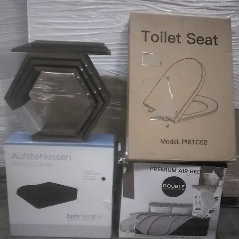 PALLET OF ASSORTED ITEMS INCLUDING, RISING CUSHION, WOODEN SHELF, TOILET SEAT AND PREMIUM DOUBLE AIR BED