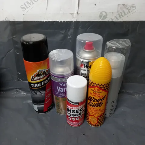 BOX OF APPROXIMATELY 10 ASSORTED AEROSOLS TO INCLUDE - PAINTFACTORY YACHT VARNISH - ARMOURALL TIRE FOAM - HOLTS EGR & CARB CLEANER - ETC - COLLECTION ONLY