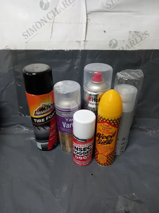 BOX OF APPROXIMATELY 10 ASSORTED AEROSOLS TO INCLUDE - PAINTFACTORY YACHT VARNISH - ARMOURALL TIRE FOAM - HOLTS EGR & CARB CLEANER - ETC - COLLECTION ONLY